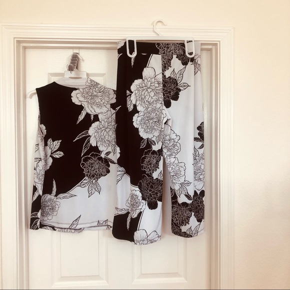IMAN Black and White Floral Crop Pant with Tank Top Set - Picture 2 of 8